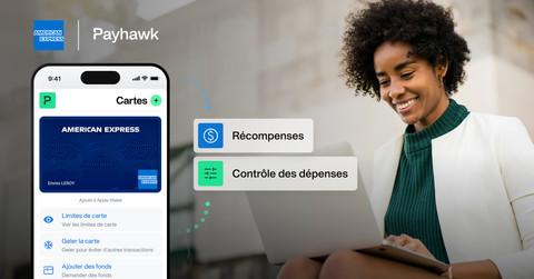 Image montrant une femme avec un ordinateur portable et l'écran d'une application mobile illustrant les contrôles de cartes disponibles avec l'intégration de Payhawk et d'AMEX. 